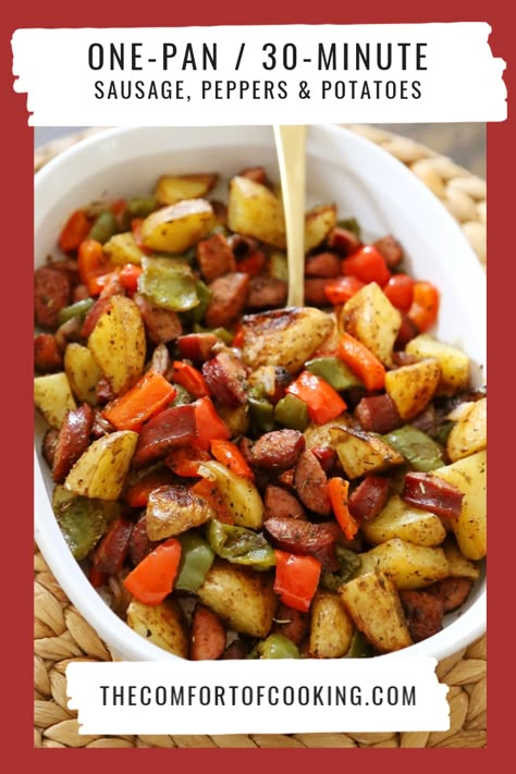 One-Pan Roasted Sausage, Peppers and Potatoes – The Comfort of Cooking Sausage Peppers Onions And Potatoes Crockpot, Sausage Peppers Onions And Potatoes Oven, Sausage Pepper Onions And Potatoes, Sausage Potatoes And Peppers, Pan Roasted Potatoes, Peppers And Potatoes, Sausage And Peppers Recipe, Roasted Sausage, Sausage And Potato Bake