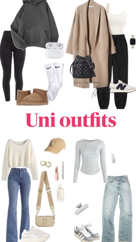 Back to school, uni outfits, university, university inspiration, uni inspiration, jumper, jacket, leggings, pjamas, hoodie, trendy, trending, uggs, trainers, hat, accessories, back to school, aesthetic, uni aesthetic First Day Of Uni Outfit, Cute Uni Outfits, Uni Outfit, Uni Outfits, Day Outfit, First Day, Modest Fashion, Outfit Of The Day