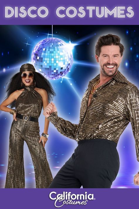 Disco Costumes 70s, 70s Outfits Party Couples, Disco 1970s Outfits, Couples Disco Outfits, Disco Halloween Costumes Couples, Disco Costume For Women Diy, 70s Disco Party Outfit Plus Size, Disco Inferno Outfit, Disco Party Outfit Ideas Men