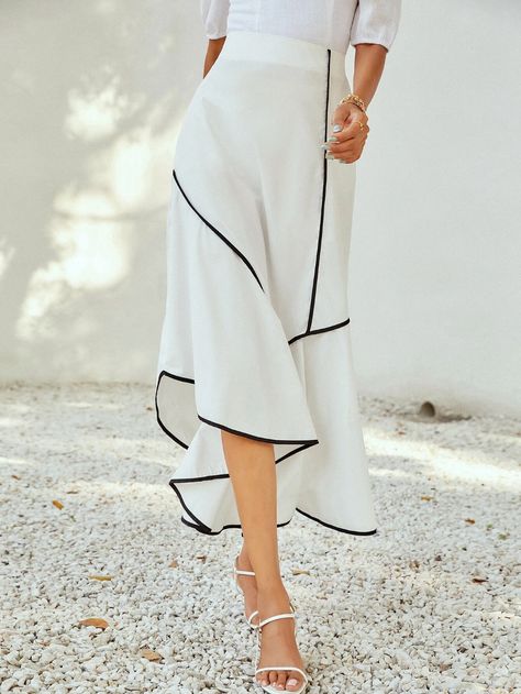 Contrast Binding Asymmetrical Skirt | SHEIN USA Prom Dresses 2020, Beautiful Skirt, Women Skirts, White Chiffon, Asymmetrical Skirt, Black Prom Dresses, Beautiful Skirts, Fashion Sewing, White Skirts