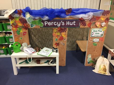 Percy Park Keeper Eyfs, Park Ranger Dramatic Play, Animal Role Play Area Eyfs, Eyfs Forest School Area, Forest Role Play Area, Autumn Role Play Area, Percy The Park Keeper, Outdoor Learning Spaces, Role Play Areas