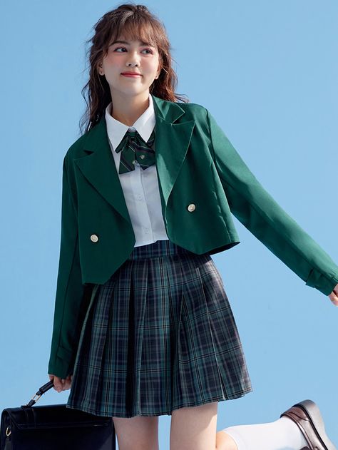 Green Preppy Collar Long Sleeve Polyester Plain Regular Embellished Non-Stretch  Women Suits Korean Fashion Green Outfit, Green Korean Uniform, Preppy Green Outfit, Green School Uniform, Korean Uniform School, Blazer Uniform, Japan Outfit Winter, Cropped Blazer Outfit, Green Uniform