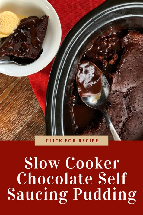 Easy and delicious Slow Cooker Chocolate Self Saucing Pudding Choc Self Saucing Pudding, Slow Cooker Pudding Recipes, Slow Cooker Puddings, Chocolate Self Saucing Pudding, Self Saucing Chocolate Pudding, Slow Cooker Brownies, Slow Cooker Cake, Self Saucing Pudding, Slow Cooker Baking