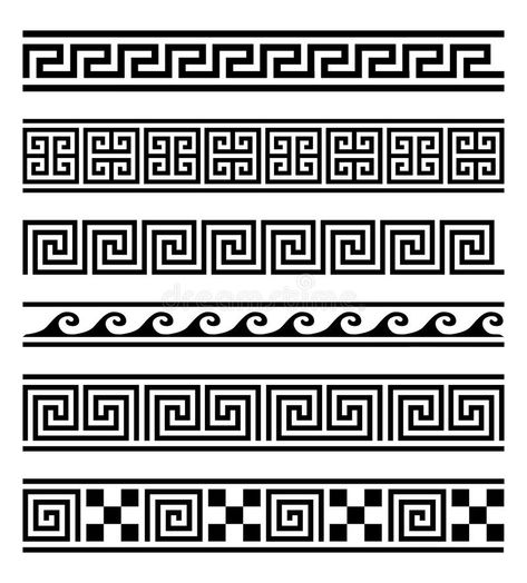 Illustration about Vector collection of 6 greek style geometric frames on white background. Vector elements for your design. Illustration of geometry, greece, geometrical - 59970415 Roman Pattern Design, Roman Pattern, Greek Ornament, Band Tattoo Designs, Greek Pattern, Ancient Greek Art, Greek Design, Greek Tattoos, Arm Band Tattoo