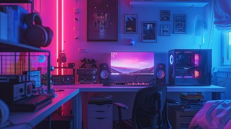 Vaporwave Gaming Setup, Vaporwave Setup, Vaporwave Office, Lofi Bedroom, Vaporwave Bedroom, Vaporwave Decor, Bryce Tankthrust, Vaporwave Room, Cyberpunk Room