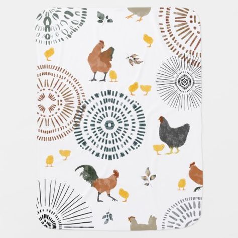 $37.20 | Boho Chickens & Chicks Baby Blanket #baby #chicken #chick #babychick #farm #animal #boho #bird #poultry Chicken Nursery, Boho Baby Blankets, Bird Mom, Chicken Pattern, Chicken Chick, Boho Baby Shower Invitations, Baby Milestone Blanket, Boho Baby Shower, Boho Patterns