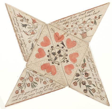 Hand-drawn; hand-colored; hand-lettered. This document is a square sheet of paper that is folded into a star. The text and drawings are on both sides of the sheet. The areas that are visible on the folded paper are decorated with text, hearts, flowers and a small cross. One of the hearts is pierced by an arrow. circa 1800 Valentines Puzzles, 1000 Lifehacks, Paper Purse, Hearts And Flowers, My Funny Valentine, Love Token, Saint Valentine, Kirigami, Vintage Valentines