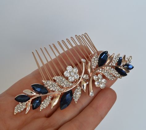 Freshwater pearls are currently out of stock; will be available soon! This hair comb is a show stopper! Perfect for a bride, bridesmaids, mother of bride, mother of groom, and anybody and any special occasion. Available with OR without pearls in: ------------- silver ------------- rose gold ------------- gold Features: - clear crystals - sapphire blue crystals - crystal flowers - measures: about 4 1/4 X 1 inch (10.5 cm X 2.5 cm) If with pearls: - freshwater pearls used for branches - CURRENTLY O Silver Gold Hair, Sapphire Hair, Silver Gold Wedding, Rhinestone Headpiece, Gold Hair Comb, Magical Jewelry, Fancy Jewellery, Blue Jewelry, Fantasy Jewelry