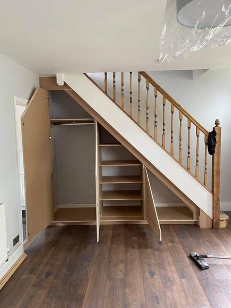 Built In Shoe Storage Under Stairs, Space Under Stairs Ideas Creative Modern, Under Staircase Storage Ideas Modern, Stairs With Cupboards Under, Pocket Door Under Stairs, Understairs Wardrobe Ideas, Under Stairs Storage Victorian House, Stair Cupboard Ideas, Split Level Under Stairs Ideas