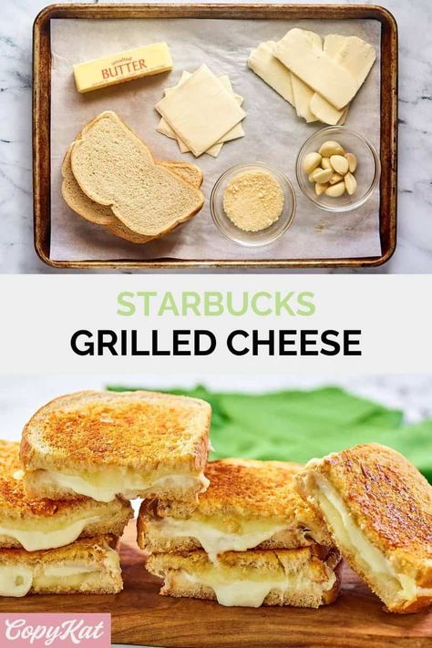 Indulge in the irresistible goodness of Starbucks Grilled Cheese Sandwich! Made with a perfect blend of sourdough bread, gooey mozzarella, and rich white cheddar cheese on the inside, and a savory butter garlic parmesan crust on the outside. This is comfort food at its finest. Get the easy copycat recipe to make the best homemade grilled cheese sandwich at home. Starbucks Sourdough Grilled Cheese, Starbucks Grilled Cheese Copycat, Sourdough Grilled Cheese Sandwiches, Starbucks Grilled Cheese, Grilled Cheese Hot Dog, Savory Butter, Crispy Grilled Cheese, Homemade Grilled Cheese, Grill Cheese