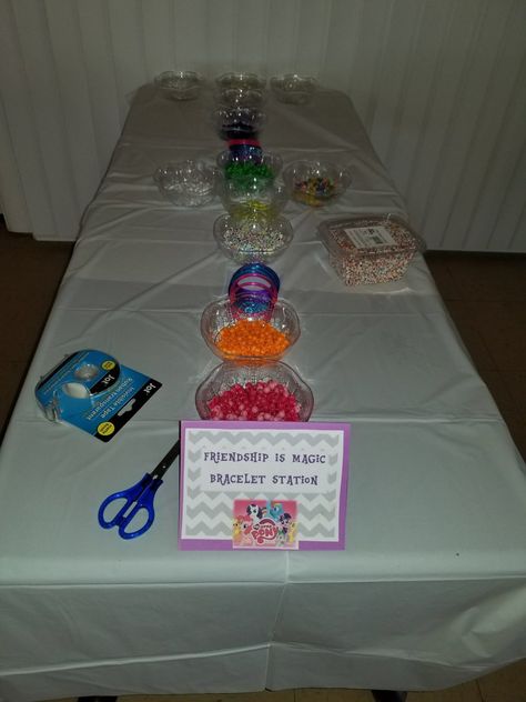 Friendship Bracelet Station Party, Bracelet Station Party, Friendship Bracelet Station, Friendship Bracelet Party, Kendall Birthday, Party Stations, My Little Pony Birthday Party, Little Pony Birthday Party, Birthday Bracelet