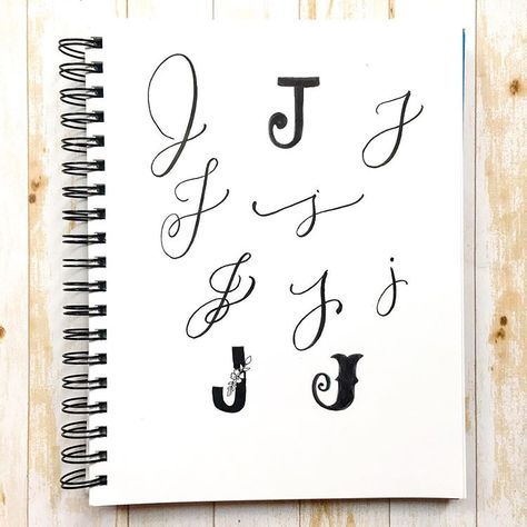 Letter J #handlettering #brushlettering #moderncalligraphy #letteringpractice #tombowusa Letter J In Different Fonts, Letter J In Cursive, Aesthetic Calligraphy Ideas, Calligraphy J, J Calligraphy, Letter J Tattoo, Cute Calligraphy, Hand Lettering Alphabet Fonts, J Tattoo