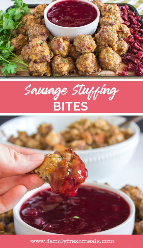 Sausage Meatballs With Stuffing, Sausage Stuffing Bites With Cranberry Dipping Sauce, Sausage Stuffing Bites With Cranberry Sauce, Sausage Thanksgiving Appetizer, Sausage Stuffing Meatballs With Cranberry Dip, Stuffing Appetizer Thanksgiving, Sausage Balls Thanksgiving, Stuff To Bring To Thanksgiving, Stuffing Balls With Cranberry Sauce