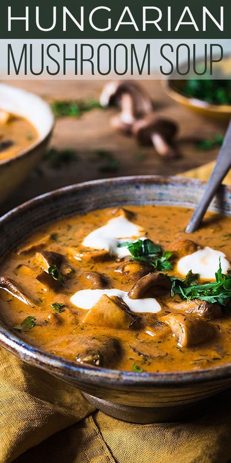 HUNGARIAN MUSHROOM SOUP is a rustic, comforting dish using paprika, soy sauce, and sour cream for an earthy, simple mushroom soup recipe you'll love! #SundaySupper #souprecipe #easyrecipe #soup #Hungarianrecipe #easydinner #dinners Paprika Soup Recipe, Rustic Mushroom Soup, Asian Soups And Stews, Vegan Hungarian Recipes, Hungarian Mushroom Soup Recipe, Easy Hot Meals, Cream Of Mushroom Soup Recipes, Best Soup Recipes Ever, Sopas Light