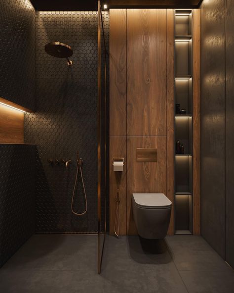 Toilet With Wood Wall, Masculine Shower Ideas, Stucco Bathroom, Bathroom Interior Design Modern Grey, Dark Japandi, Toilet And Bathroom Design, Bathroom Interior Design Modern, Bathroom Design Black, Modern Small Bathrooms