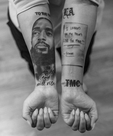 Victory Lap Tattoo, Arm Cover Up Tattoos, Tattoo 2017, Small Wave Tattoo, Lauren London Nipsey Hussle, Army Tattoos, London Tattoo, Nipsey Hussle, Lauren London