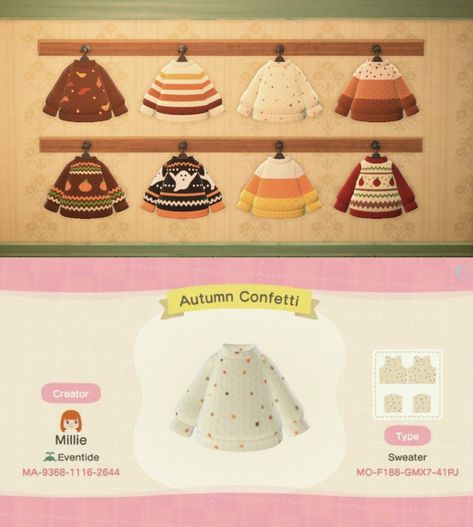 Acnh Fall Clothes, Acnh Fall Outfit Codes, Animal Crossing Fall Outfits, Autumn Confetti, Clothes Codes, Forest Clothes, Pretty Cardigans, Acnh Clothes, Animal Crossing 3ds