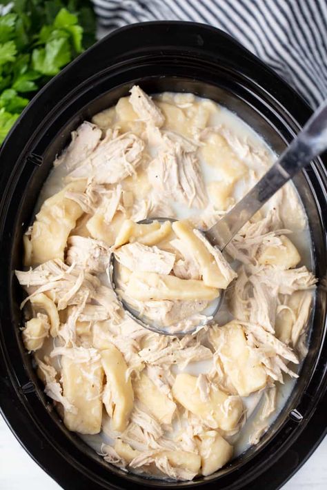 This Crockpot Chicken and Dumplings Recipe is easy to make and full of old fashioned goodness with delicious flat rolled dumplings made from scratch. Crockpot Chicken And Dumplings With Homemade Dumplings, Chicken And Dumplings In Crockpot, Rolled Dumplings, Flat Dumplings, Dumpling Recipes, Chicken And Dumplings Recipe, Crockpot Chicken And Dumplings, Stay At Home Chef, Easy Crockpot Chicken