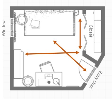 3 Amazing Ways to Layout a 9’ x 10’ Bedroom with an Angled Wall and a Bumped-in Closet Uneven Bedroom Layout, 5 Wall Bedroom Layout, Pentagon Bedroom Layout, 10x20 Bedroom Layout, Triangle Bedroom Layout, Triangle Room Layout, Angled Wall Bedroom, 9x10 Bedroom Layout, 10x10 Office Layout