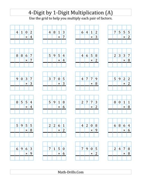 The 4-Digit by 1-Digit Multiplication with Grid Support (A) Math Worksheet 4 Digit Multiplication Worksheets, 4 Digit By 1 Digit Multiplication, Long Multiplication Worksheets, Listening Skills Worksheets, Reflection Math, Translations Math, Long Multiplication, Math Worksheets For Kids, Printable Multiplication Worksheets