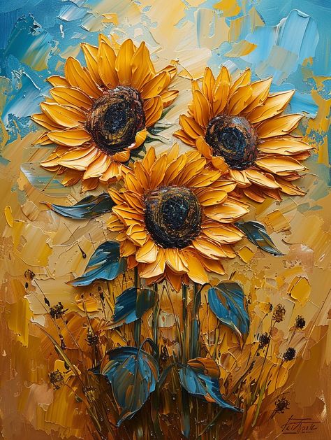 Watercolor Paintings Nature, Van Gogh Sunflowers, Sunflower Pictures, Acrylic Painting Flowers, Golden Painting, Abstract Flower Painting, Sunflower Art, Oil Painting Flowers, Night Art