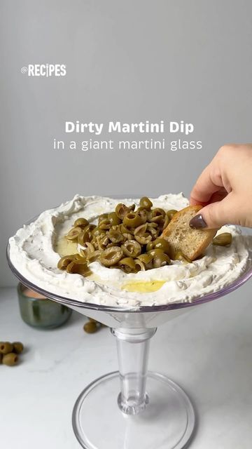 Recipes on Instagram: "Serve a show-stopping appetizer this holiday season with this Dirty Martini Dip 🍸 It’s best served in a giant martini glass—grab your own at the link in our bio.

-16 oz. cream cheese
-8 oz. blue cheese
-16 oz. sour cream
-3/4 cup diced olives
-1/2 cup olive brine
-2 oz. gin
-juice from one lemon
-1 tsp. garlic powder
-salt & pepper to taste
-diced olives & olive oil for garnish

@cocktails & @recipes may earn commission through links on our socials.

#dirtymartinidip #dirtymartini #dip #giantmartiniglass #appetizers #martini" Martini Glass Appetizers Appetizer Recipes, Olive Oil Martini Dip, Dirty Martini Dip With Vodka, Martini Dip Recipe, Dirty Martini Dip Recipe, Martini Glass Appetizers, Nye Party Food Appetizers, Dirty Martini Party, Dirty Martini Dip