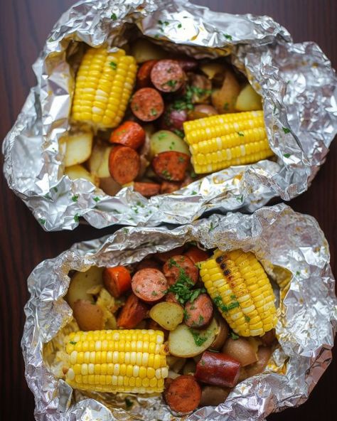 Hobo Camping Meals Foil Packet Recipes, Campfire Veggies Foil Packets, Camping Meals Easy Tin Foil Dinners, Campfire Cooking Foil Easy Dinners, Sausage And Corn Foil Packet, Seasoned Potatoes, Foil Packet Meals, Sausage Potatoes, Southern Kitchens