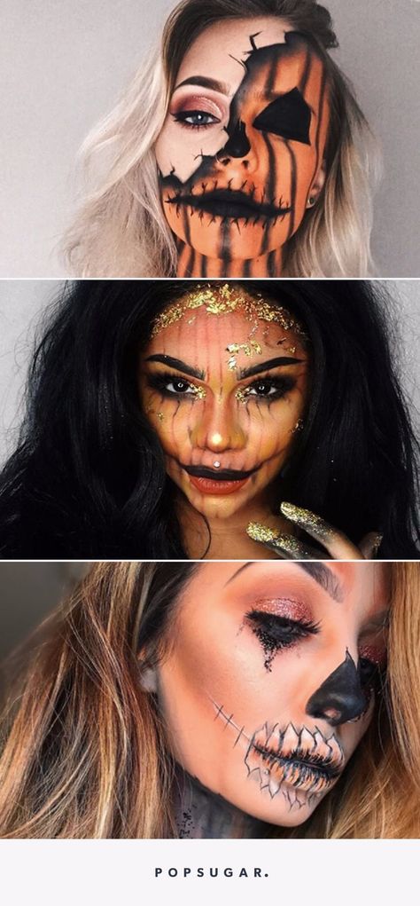 19 Incredible Jack O’Lantern Makeup Looks to Feed Your Pumpkin Obsession Crow Makeup, Pumpkin Makeup Ideas, Halloween Maquillage, Pumpkin Makeup, Makeup Ideas For Halloween, Scarecrow Makeup, Scare Crow, Halloween Make-up Looks, Cosplay Idea