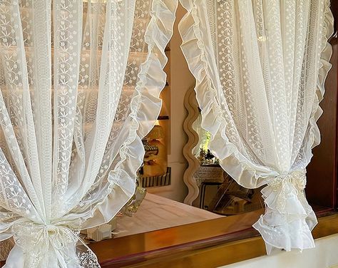 GavinHome - Etsy Lace Curtains Aesthetic, Lacy Curtains, Pink And White Lace, Light Window, Unique Curtains, White Sheer Curtains, Apt Ideas, Short Curtains, Delicate Embroidery