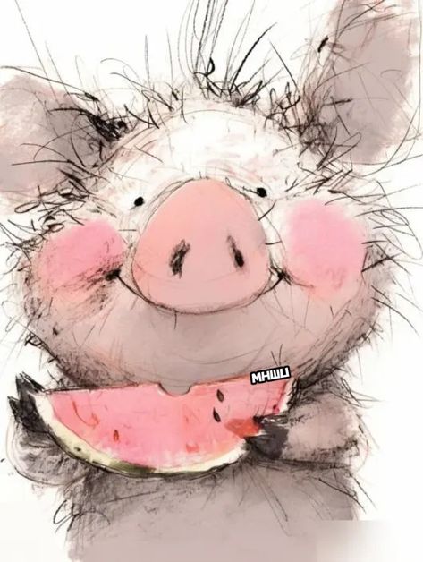 Cute Pig Pictures, Cute Watercolor Paintings Easy Animals, Pun Art, Cute Pigs Drawing, Funny Animal Drawings, Pig Painting Easy, Funny Farm Animal Paintings, Cute Pig Painting, Whimsical Cow Art