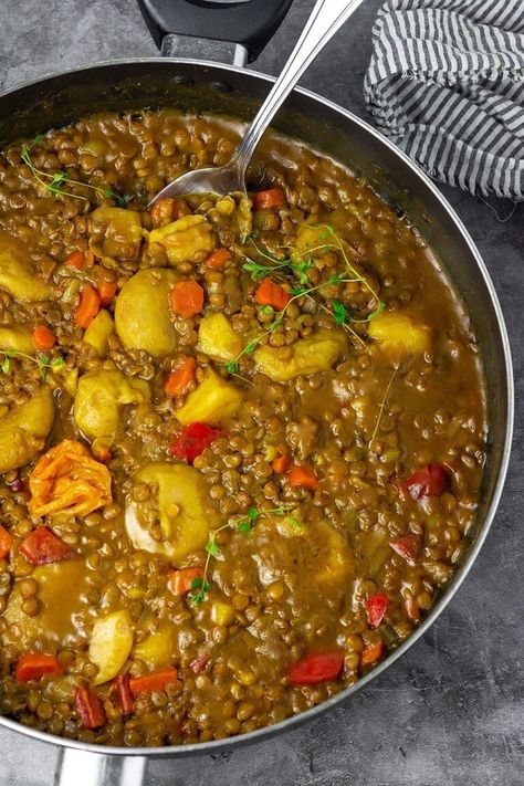 Coconut Lentil Curry (Jamaican Style) - Healthier Steps Curry Jamaican, Slower Cooker, Coconut Lentil Curry, Lentil Curry Recipes, Coconut Curry Recipes, Vegan Entrees, Bohemian Patio, Coconut Curry Sauce, Healthy Entrees