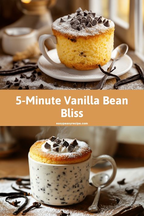 A velvety vanilla bean mug cake topped with powdered sugar and chocolate chips sits in a white mug. Mug Desserts No Egg, Breakfast Mug Cake, Mug Dessert Recipes, Easy Zucchini Recipes, Mug Cake Recipe, Warm Desserts, Pot Recipes Healthy, Lemon Dessert, Quick Treats