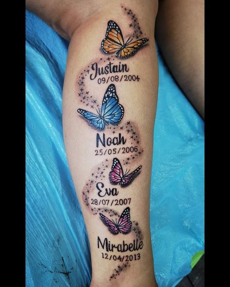 Tattoo Name With Design, Butterflies With Names Tattoo, Tattoo Ideas With Grandkids Names, Butterfly With Names Tattoo, Tattoos For Multiple Kids, Butterfly Tattoo With Name In The Middle, Family Quote Tattoo For Women, Kids Tatoos Ideas, Name Tattoos With Butterflies