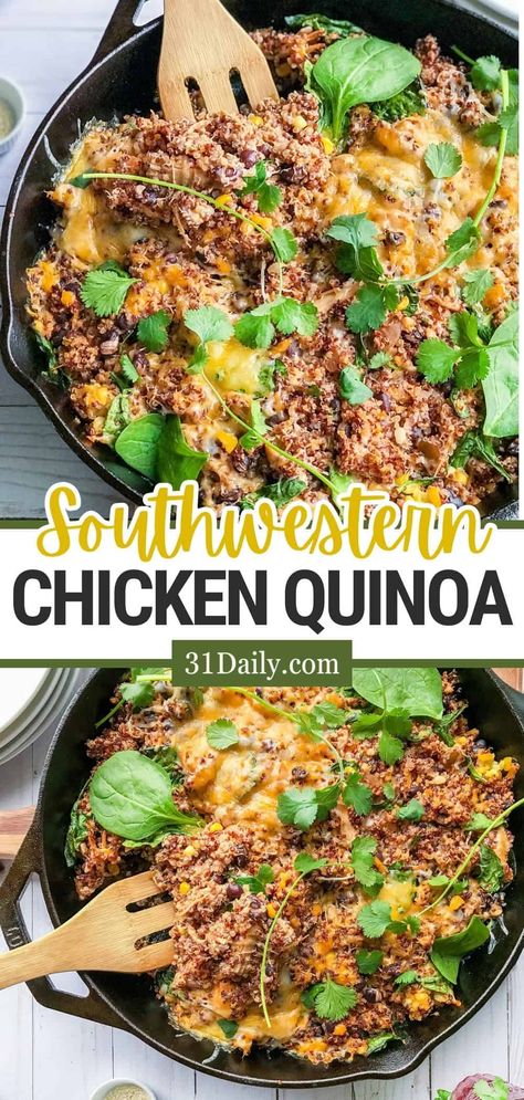 This Southwestern Chicken Quinoa Bake with Spinach is an easy, family-friendly dinner loaded with healthy nutrients and protein, not to mention an incredible Southwestern flavor. Quinoa And Chicken Recipes, Chicken And Quinoa Recipes, Chicken Quinoa Bake, Chicken Quinoa Recipes, Quinoa Enchilada Bake, Chicken Squash, Quinoa Bake, Southwestern Chicken, Clean Eating Lunch And Dinner Recipes