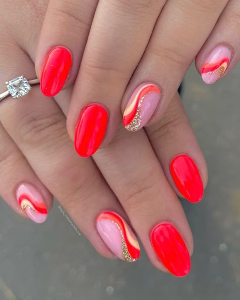 Coral Gel Nails Summer, Swirl Gel Nails, Bright Gel Nails, Bright Colored Nails, Summer Nails 2023, Builder Gel Nails, Summer Gel Nails, Bright Summer Nails, Sassy Nails