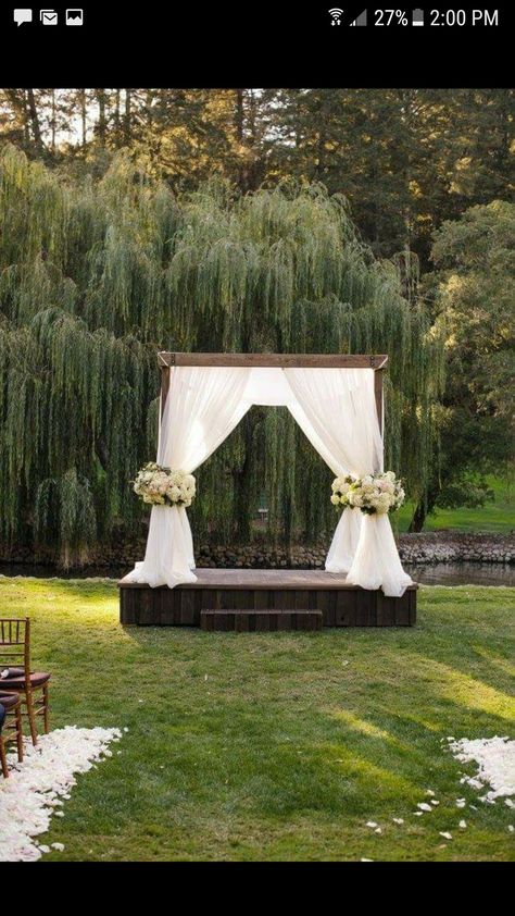 Outdoor Wedding Alter, Simple Wedding Arch, Fall Wedding Arches, Wedding Arches Outdoors, Wedding Alters, Outdoor Stage, Flowers And Greenery, Wedding Altars, Outdoor Fall Wedding