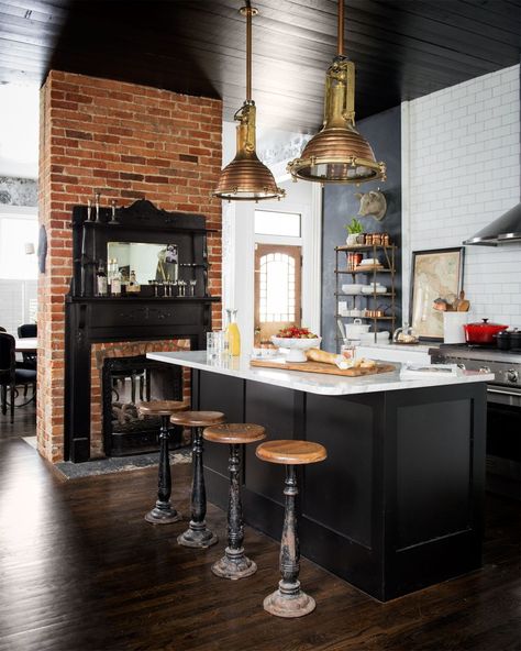 williams-kitchen-0615 Masculine Kitchen, Black Kitchen Cabinets, White Kitchen Design, Industrial Kitchen, Cozy Fireplace, Modern Farmhouse Kitchens, Trendy Kitchen, Kitchen Paint, Black Kitchens