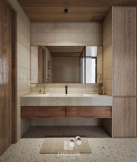 Japanese Inspired Bathroom Modern, Small Japanese Bathroom Ideas, Interesting Tile Patterns, Unique Bathroom Layout, Modern Japanese Aesthetic, Japandi Restroom, Wood Tiles Bathroom, Bathroom No Windows, Modern Bathroom Backsplash