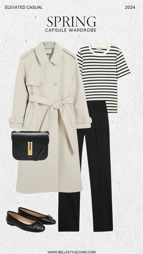 Capsule wardrobe spring Classic Spring Outfits 2024, Everyday Spring Black Pants, Black Wide-leg Spring Pants, Spring High-waisted Black Pants, Elegant Black Ballet Flats For Spring, Tailored Black Spring Pants, Parisian Style Spring, Black Ballet Flats Outfit, Capsule Wardrobe Pieces