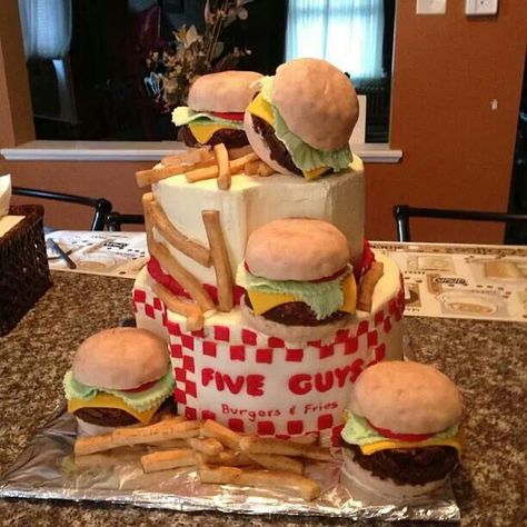 Cake!! Guys Birthday, 5 Guys, Five Guy Burgers, Special Birthday Cakes, Mens Birthday Party, Raspberry Filling, Burger And Fries, Five Guys, Burger Buns