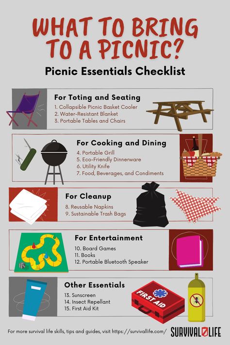 Deciding on what to bring to a picnic could be a major hassle. When pressed for time, option paralysis creeps in and the picnic becomes panic. Keep calm and get organized with these practical excursion must-haves. #picnic #picnicmusthaves #outdoorsurvivaltips #outdoorsurvival #survivallife Things To Pack For A Picnic, Picnic Tips, Things To Carry For Picnic, What To Put In A Picnic Basket, What To Do On A Picnic, Picnic Checklist Packing Lists, How To Plan A Picnic, What To Bring To A Picnic, Picnic Essentials List