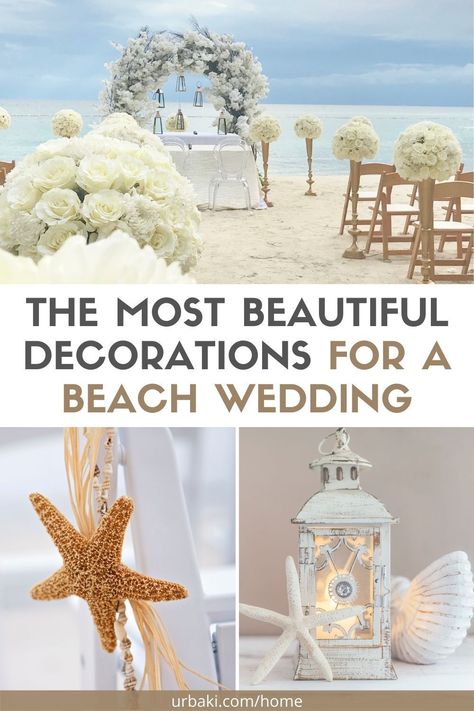 Beach wedding plans should include decorations that fit the overall style and colors of the bridal celebration. When shopping for beach decorations, choose those that complement the natural beauty and romance of a beach wedding ceremony.The abundance of beach decorations is perfect for a themed wedding, whether at sea or if you are creating an atmosphere away from the waves. Elegant Beach Reception Decor, Bay Wedding Ideas, Wedding Aisle Decorations Outdoor Beach, Ocean Wedding Decorations, Simple Beach Wedding Decorations, Wedding Centerpieces Beach Theme, Minimalist Beach Wedding Decor, Beach Wedding Flower Arrangements, Beach Villa Wedding