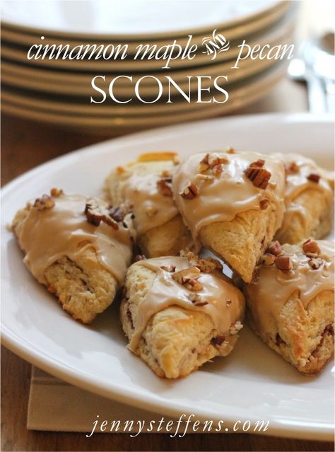 Cinnamon Swirled Scones with Maple Pecan Glaze Pecan Glaze, Pecan Scones, Jenny Steffens Hobick, Maple Pecan, Cinnamon Swirl, Scone Recipe, Breakfast Breads, Biscuit Recipe, Tasty Treats