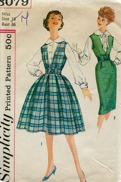 FREE US SHIP Original Uncut Simplicity 3079 Jumper Blouse Wiggle or Full Deep V Bust 36 Sewing Pattern Retro 1960's 60's Lingerie Petite, 1950s Patterns, Patron Vintage, Motif Vintage, Kick Pleat, Vintage Blouse, Skirt And Blouse, Simplicity Sewing Patterns, Pinafore Dress