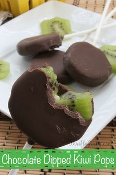 These Chocolate Dipped Kiwi Pops are fun for a party or an anytime treat! Chocolate Dip, Chocolate Dipped Fruit, Frozen Chocolate, Chocolate Delight, Fun Kids Food, Frugal Living Tips, Chocolate Dipped, Easy Food To Make, Desert Recipes