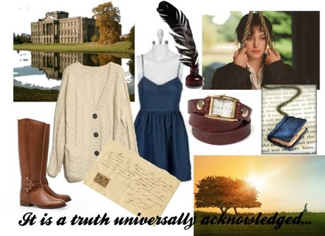 "Modern Jane Austen: Elizabeth Bennet" by erinraff on Polyvore Jane Austen Inspired, Austin Style, Everyday Cosplay, Elizabeth Bennet, Fandom Fashion, Disney Bound Outfits, Brown Cardigan, Leather Riding Boots, Brunch Outfit