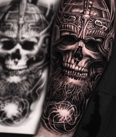 Tattoo artist Mumia, authors style black&grey portrait surrealistic realism tattoo | Denmark Viking Skull Art, Tattoos Meaning Strength, Pirate Skull Tattoos, Indian Skull Tattoos, Nautical Tattoo Sleeve, Viking Warrior Tattoos, Valkyrie Tattoo, Scandinavian Tattoo, Viking Tattoo Sleeve