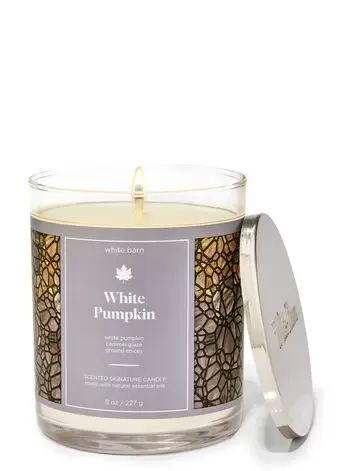 White Pumpkin Signature Single Wick Candle - White Barn | Bath & Body Works 8 Oz Candle, Candle Obsession, Candle Images, Pumpkin Scent, Pumpkin Caramel, Best Fragrances, Small Candles, White Barn, Fall Scents