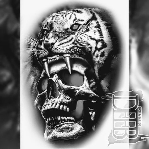 Tiger Skull Tattoo, Sketch Realism, Big Cat Tattoo, Tiger Skull, Half Skull, Skull Sketch, Leg Sleeve Tattoo, Skull Tattoo Design, Wood Burning Art