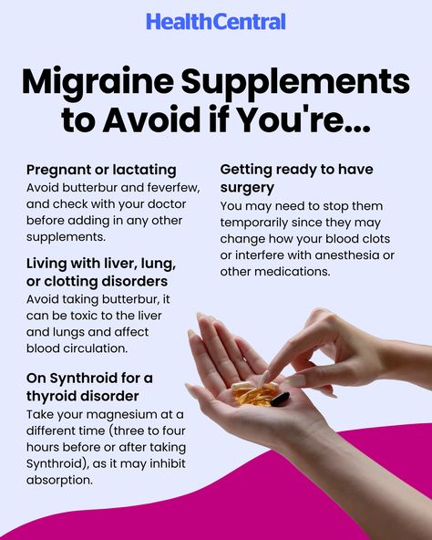 Some supplements can have relieving benefits for migraine, but you may want to be careful in using supplements if you have any of the above conditions. Remember, it's always a good idea to chat with your doctor or pharmacist first, especially if you're on any prescription meds. Vitamins For Migraines, What Causes Migraines, Prevent Migraines, Migraine Attack, Migraine Prevention, Vitamin D Deficiency, Magnesium Deficiency, Coenzyme Q10, Integrative Health